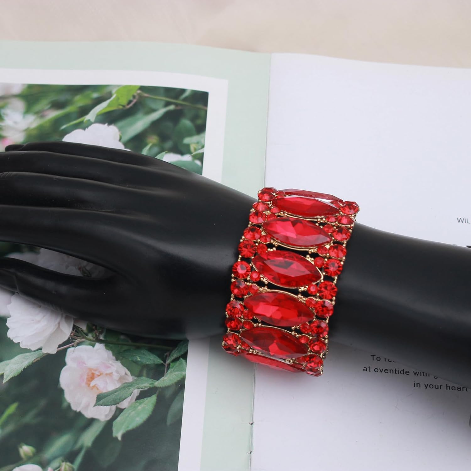 Women’s Elegant Wedding Bridal Crystal Double Row Marquise-Shape Leaf Stretch Bangle Bracelet Bride Jewelry for Women